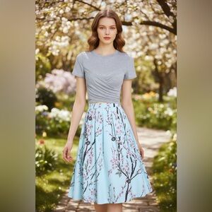 NWOT Camisa Gray Twist Front Bow Back Crewneck Top & Blue Floral MIDI Skirt XL